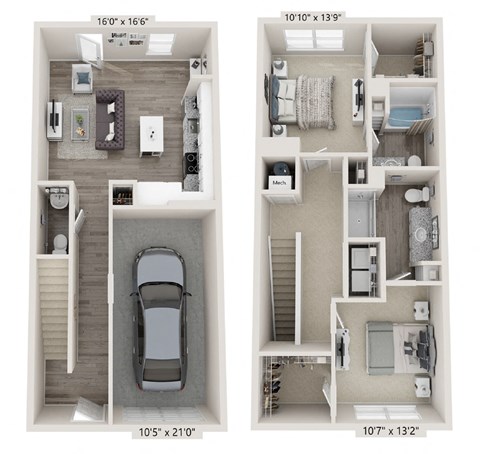 Floor plan for 2 beds, 2 baths, 1289 sqft